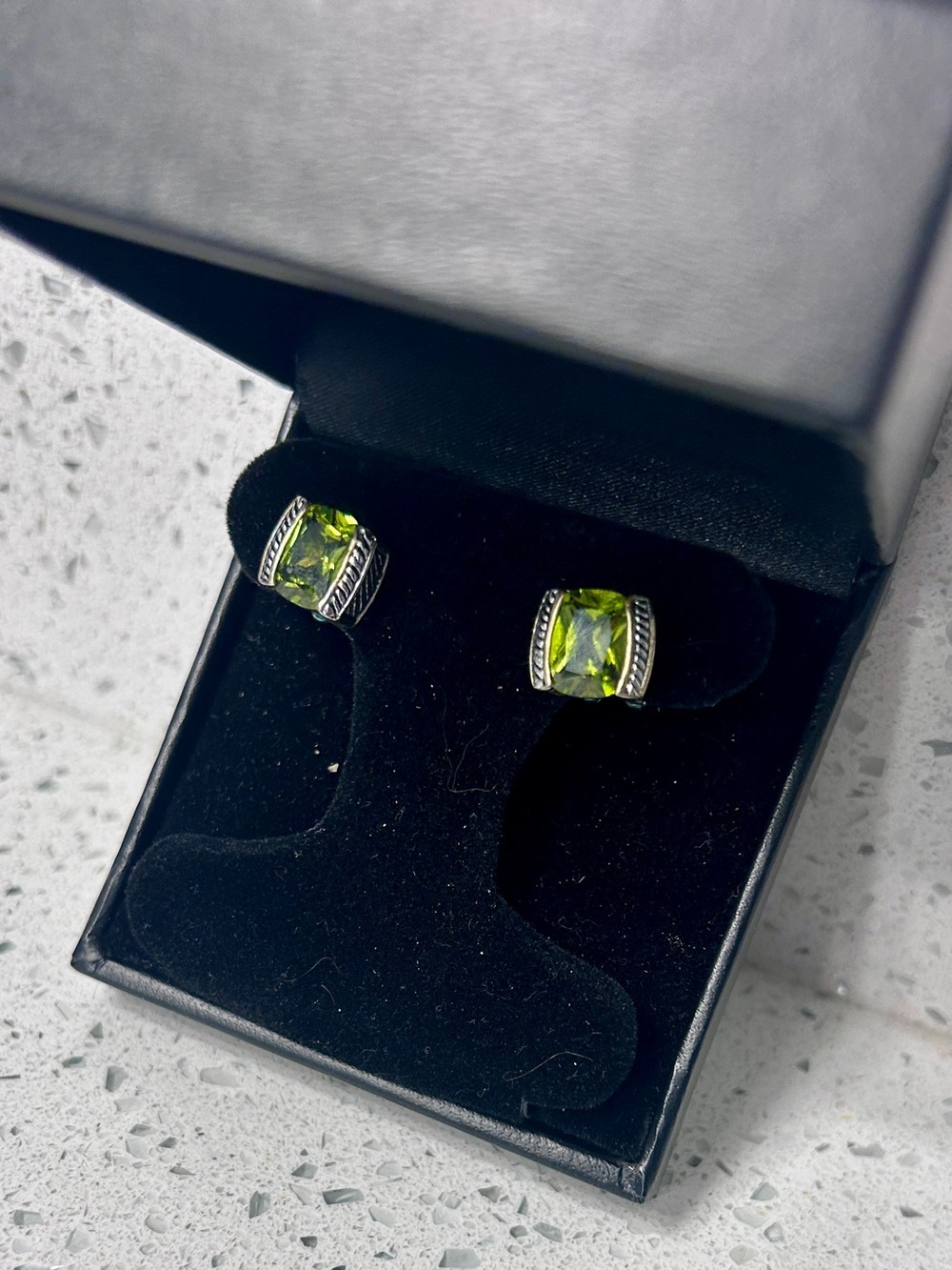 Designer Inspired Silver Green Peridot Accent Lever-Back Earrings